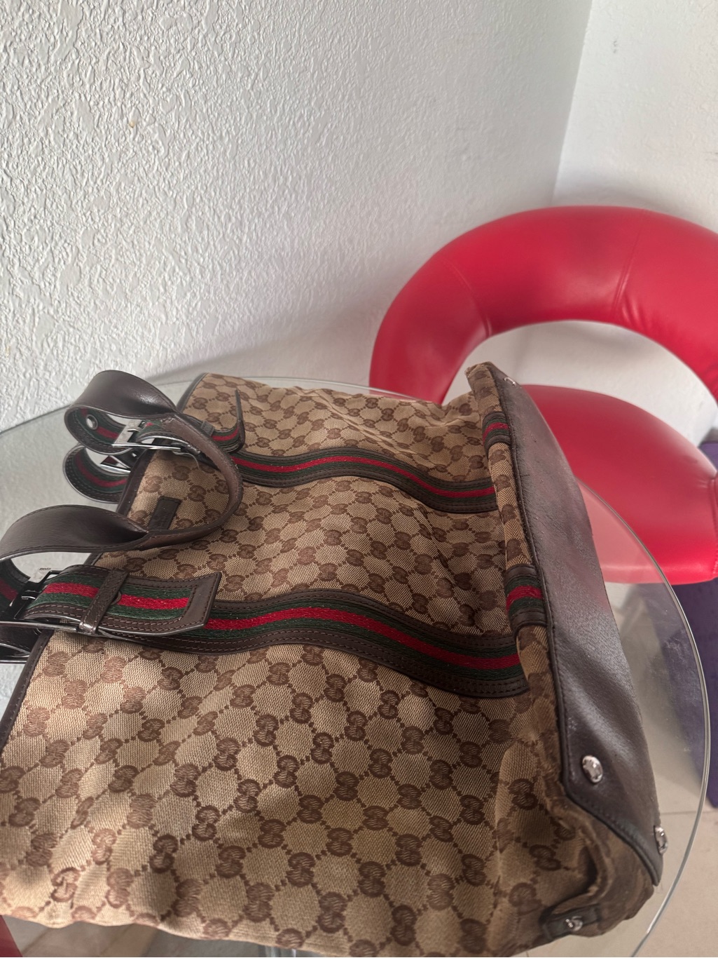 Gucci Beige/Brown Monogram Canvas Tote With Green & Red Web Stripe Vintage